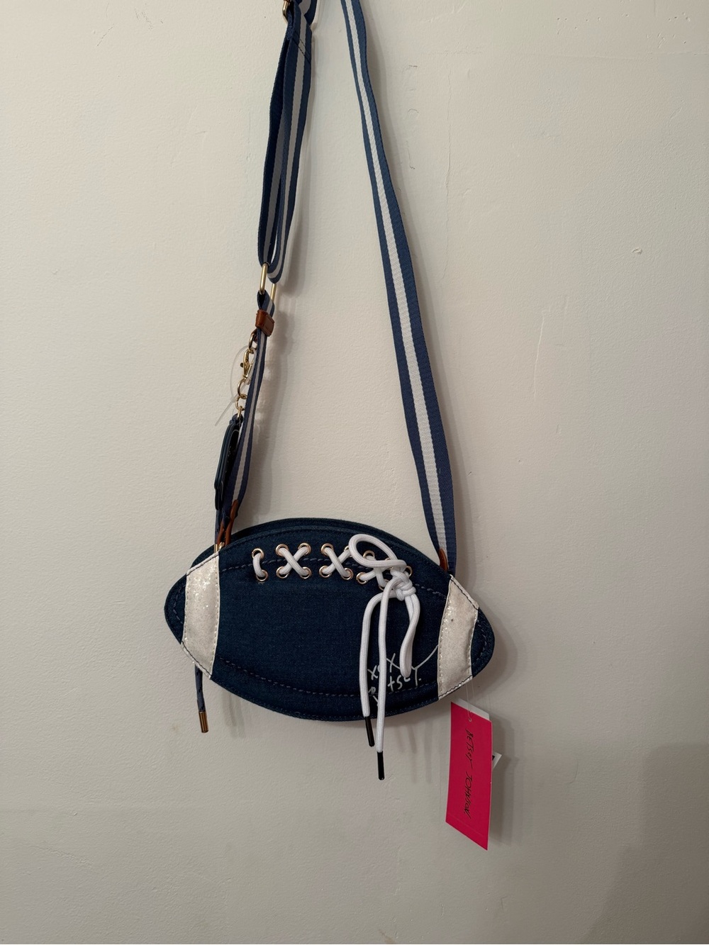 Betsey Johnson XO Fumble Blue Denim Football Purse White Glitter Detail